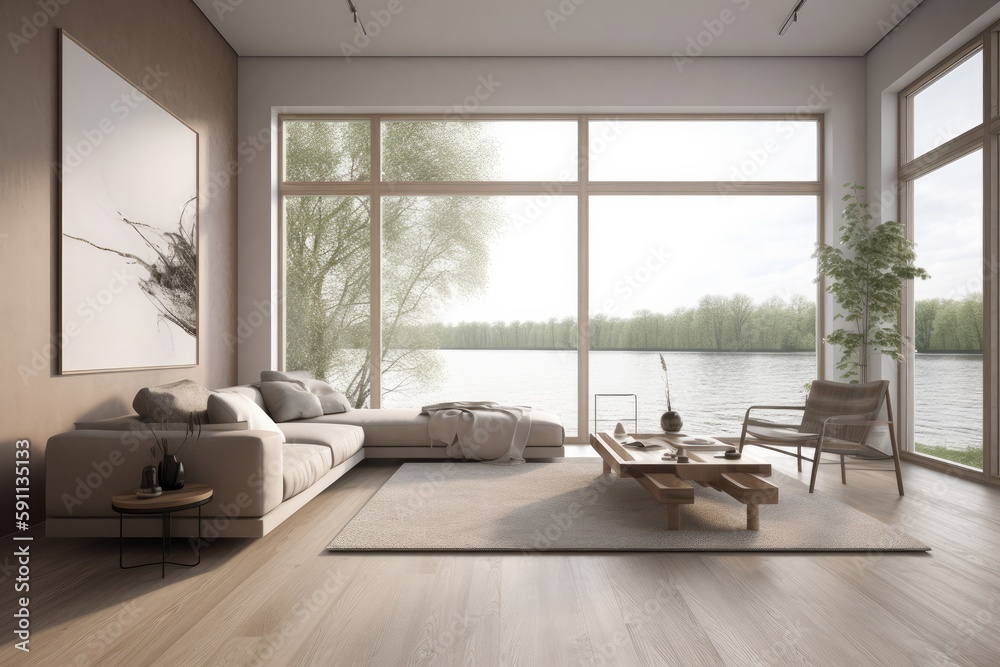 A modern white living room is shown with windows overlooking a lake, in the style of photo-realistic landscapes. Generative AI.