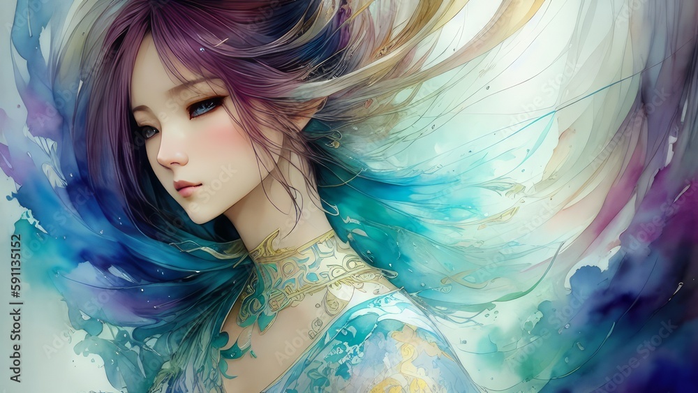 Beautiful girl with colorful hair. Fantasy portrait of young woman generative ai