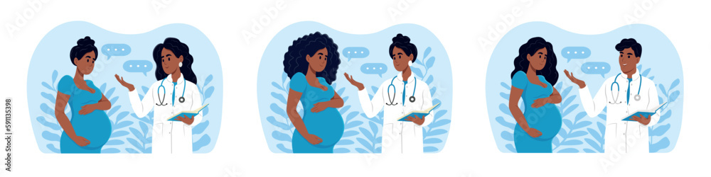 Doctors and pregnant women are African American. Male and female doctors talking to patients using a tablet during consultation. Doctors and pregnant women are African American. Male and female doctors talking to patients using a tablet during consultation.