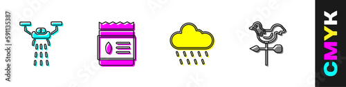 Set Smart farm with drone, Pack full of seeds of plant, Cloud rain and Rooster weather vane icon. Vector