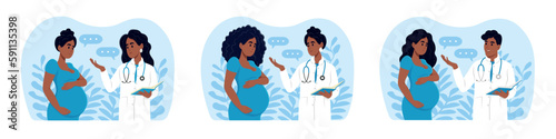 Doctors and pregnant women are African American. Male and female doctors talking to patients using a tablet during consultation.