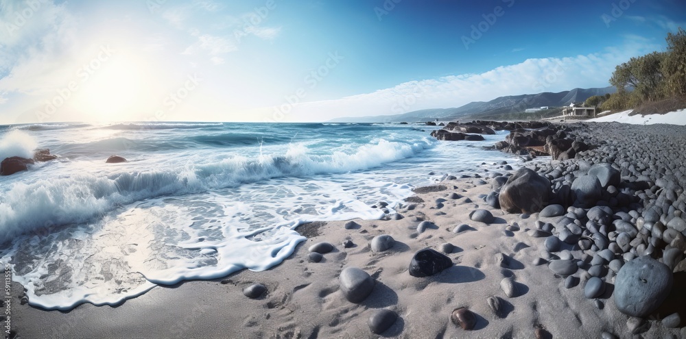 A path on an amazing beach with waves, blue water and pebbles. Generative AI.