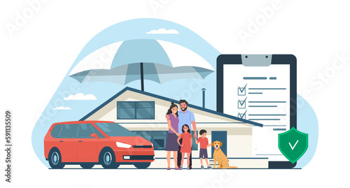 The concept of property insurance. Family with children, car and house under an umbrella. Vector illustration.