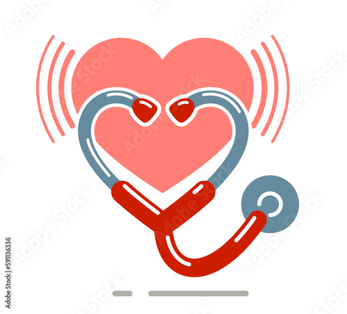 Stethoscope with heart vector simple icon isolated over white background, cardiology theme illustration or logo.
