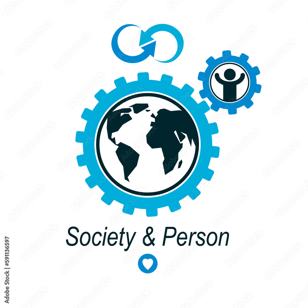World and Person creative logo, unique vector symbol created with different icons. System and social Matrix sign. Person and humankind interacts with each other. System and social Matrix sign.