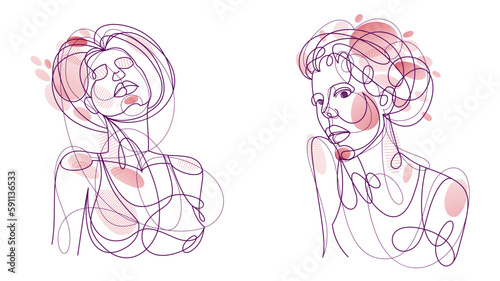 Woman beauty face vector linear illustrations set, delicate line art of attractive girl portraits collection, abstract feminine drawings minimal style isolated.