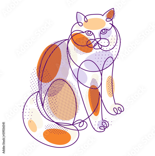 Nice cute cat linear vector illustration, line art drawing of pussycat relaxing, artistic outline minimal sketch of fat and lazy cat.