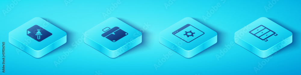 Set Isometric Note paper with push button, Briefcase, Archive papers drawer and Browser setting icon. Vector Set Isometric Note paper with push button, Briefcase, Archive papers drawer and Browser setting icon. Vector
