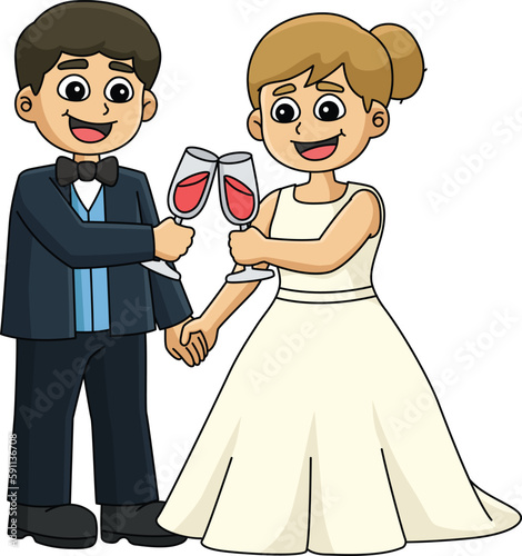 Wedding Groom Bride Toast Cartoon Colored Clipart 