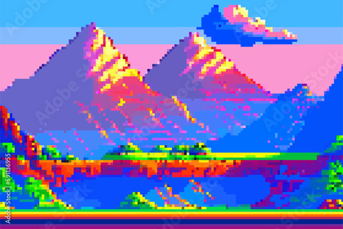 Landscape 8bit pixel art. Summer natural landscape mountain