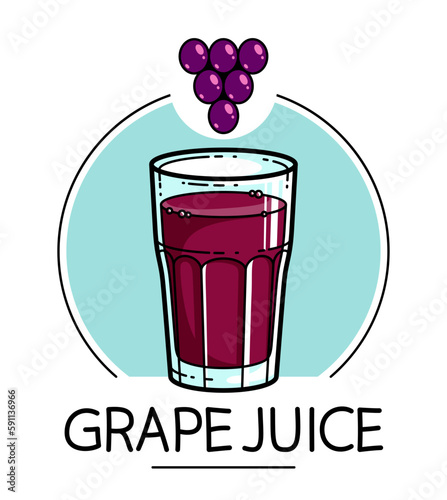 Grape juice in a glass isolated on white background vector illustration, cartoon style logo or badge for pure fresh juice, diet food beverage delicious and healthy.