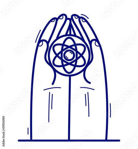 Two hands with atom icon protecting and showing care vector flat style illustration isolated on white, cherish and defense for science and research concept, nuclear atom for peace.