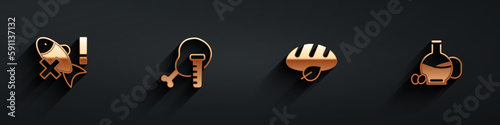Set No fish, Genetically modified chicken, Vegan bread loaf and Bottle of olive oil icon with long shadow. Vector
