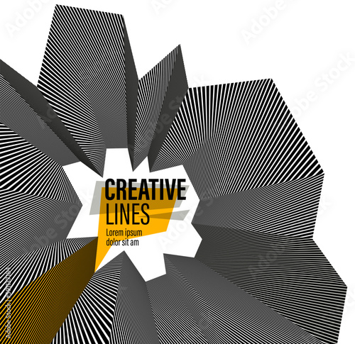 Abstract vector 3D lines with yellow elements background, black and white linear perspective dimensional optical pattern.