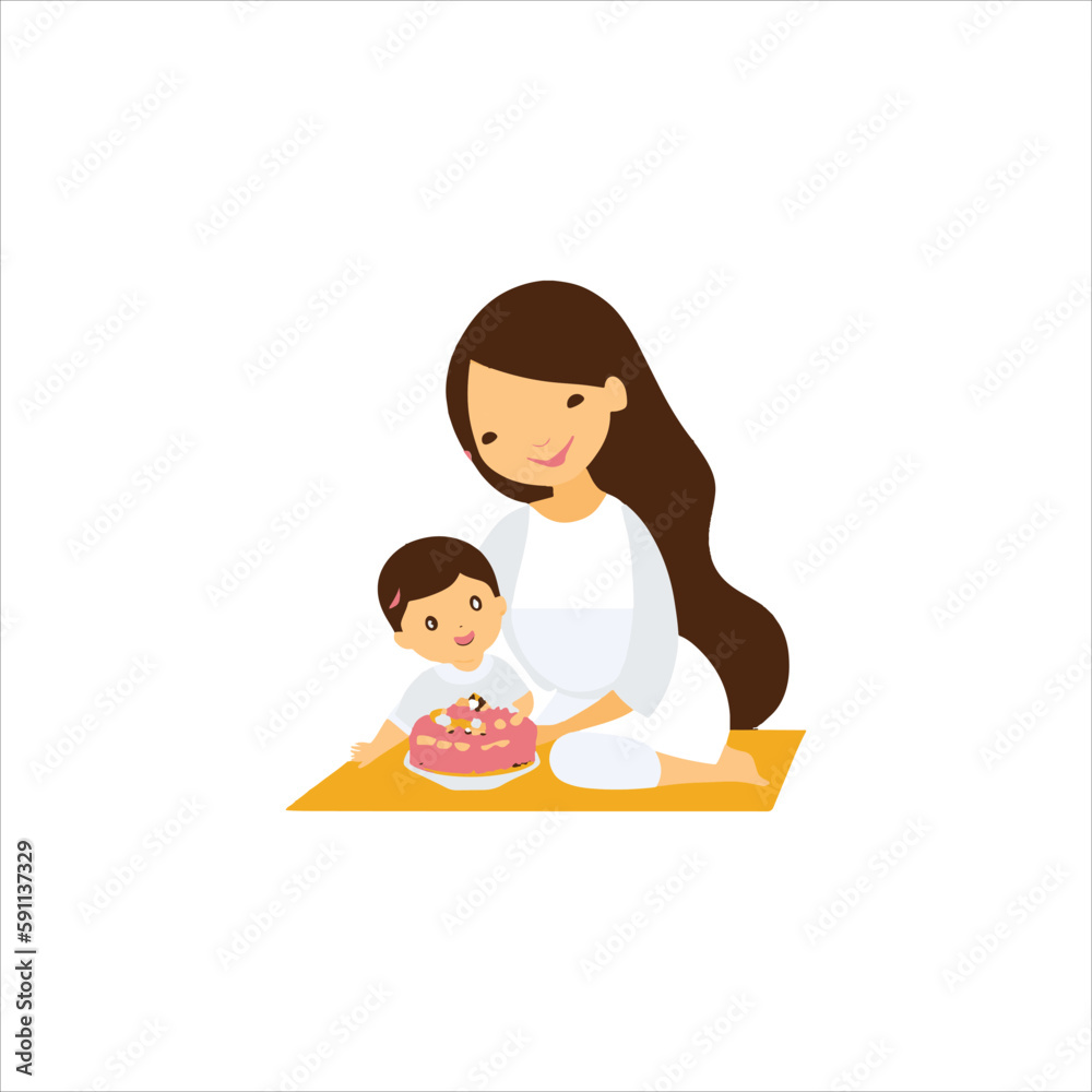 Mother at daughter's birthday with cake avatar vector art Mother at daughter's birthday with cake avatar vector art
