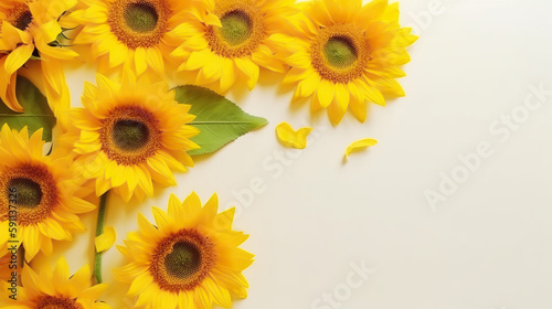 Spring Yellow Flowers of Sunflowers Light Background top view in flat lay style. Greeting for Womens or Mothers Day or Spring Sale Banner. Generative AI 