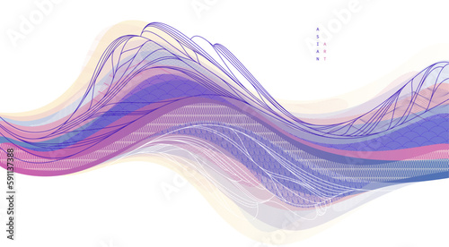 Oriental Japanese style vector abstract illustration, background in Asian traditional style, wavy shapes and mountains terrain, runny like sea lines.
