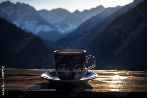 A cup of tea sitting on a table with a view of theMountain in the background. Generative AI © vetre