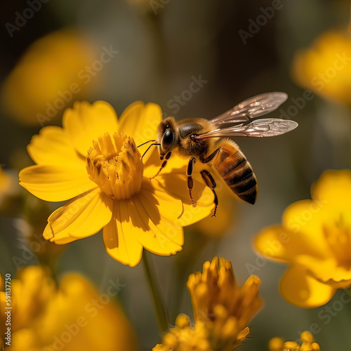 Springtime Beauty: Bee on Yellow Flower Captured in Stunning Detail. Ai Generative. © Sky