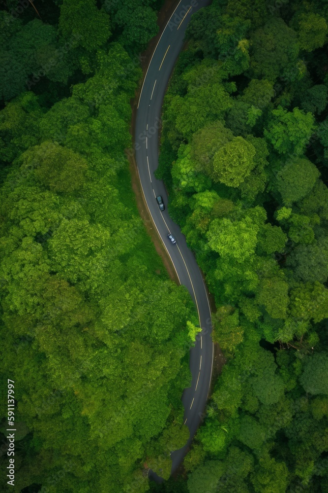 A green forest and tree-covered curve road in the style of aerial photography. Generative AI.