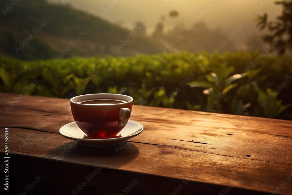Tea cup with on the wooden table and the tea plantations background. Generative AI