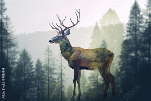 Majestic red deer stag in foggy forestng. Generative AI