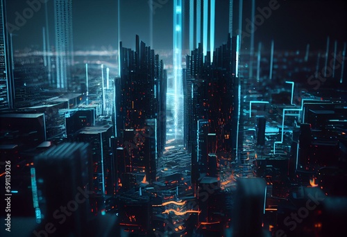 Abstract digital abstract virtual city. Scanning city for hackers attack concept. Software developer, programming, binary computer code with technology and connection concept. Generative AI