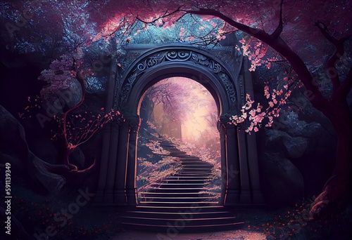 Glowing Fey Archway in a Cherry Blossom Forest, Stairway to a Majestic Fairy Castle, Generative Ai