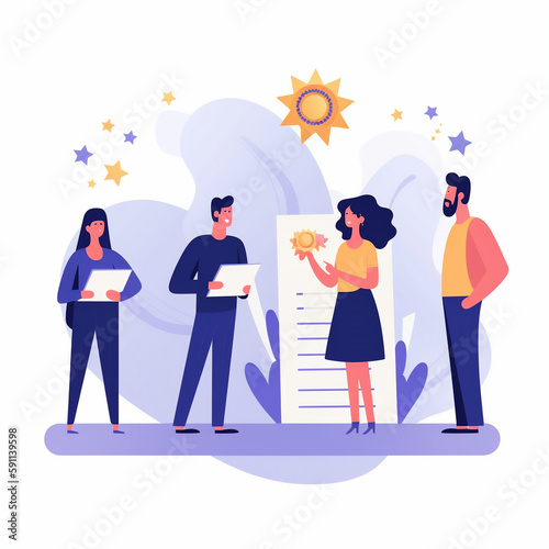 A flat illustration of a scene on a white background with Employee recognition employees receiving recognition for their work, such as awards or public recognition style 3