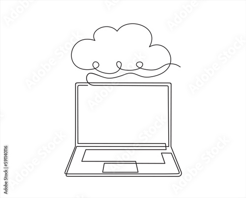 Digital technologies. Continuous One  line drawing of Exchange of information between the laptop and the cloud. A laptop glow downloads files into the cloud storage. 