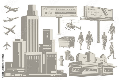 Urban elements set vintage monochrome