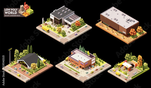 Vector isometric world map creation set. Combinable map elements. Town or city commercial area map