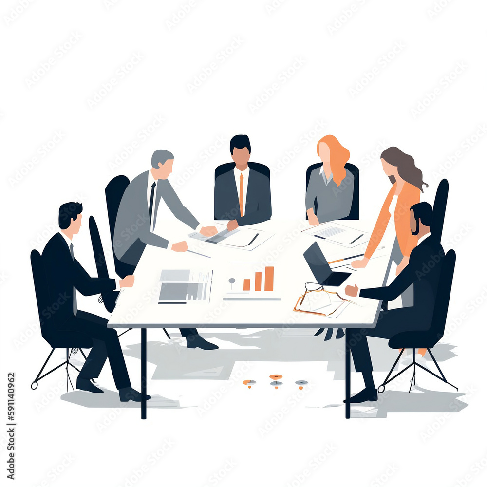 A flat illustration of a scene on a white background with executive-level meetings, where high-level decisions are made or important strategies are discussed - obrazy, fototapety, plakaty 