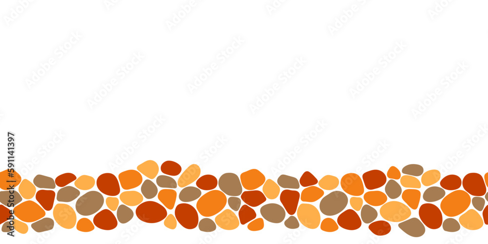 Pebble repeat texture. Border cobble stones vector seamless pattern. Cartoon pavement template wallpaper. cobbled street endless background for game, landscape gardening outdoor and indoor interiors.