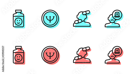 Set line Sedative pills, Antidepressants, Psychology and Male doctor icon. Vector