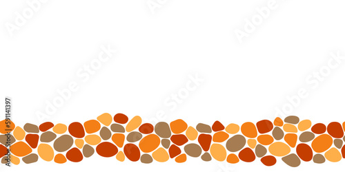 Pebble repeat texture. Border cobble stones vector seamless pattern. Cartoon pavement template wallpaper. cobbled street endless background for game, landscape gardening outdoor and indoor interiors.