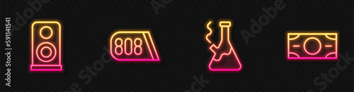 Set line Glass bong for smoking marijuana, Stereo speaker, Drum machine music and Stacks paper money cash. Glowing neon icon. Vector
