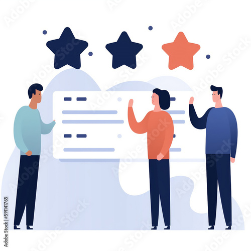 A flat illustration of a scene on a white background with Performance reviews employees receiving performance reviews from their managers, highlighting the importance of feedback in professional