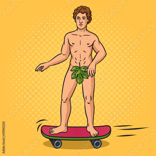 Naked first human Adam rides a skateboard pinup pop art retro vector illustration. Comic book style imitation.