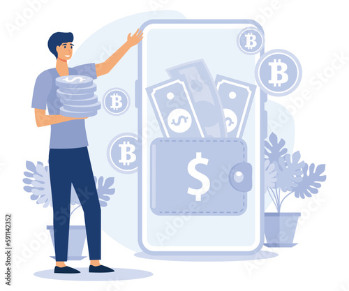 Digital money concept, electronic wallet, e-money transfer, payment technology, banking tool, flat vector modern illustration 