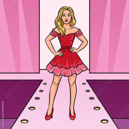 girl model in a dress on fashion show runway podium pinup pop art retro vector illustration. Comic book style imitation.