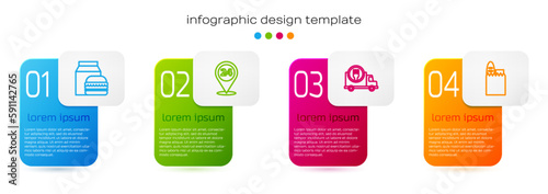 Set line Online ordering and burger delivery, Round the clock, Fast by car and Shopping bag food. Business infographic template. Vector