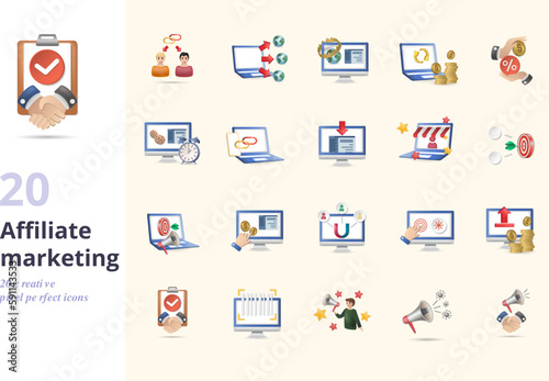 Affiliate marketing set. Creative icons: affiliate link, attribution, authority site, chargeback, commission, cookies lifetime, deep linking, landing page, merchant, niche, niche marketing, pay-per