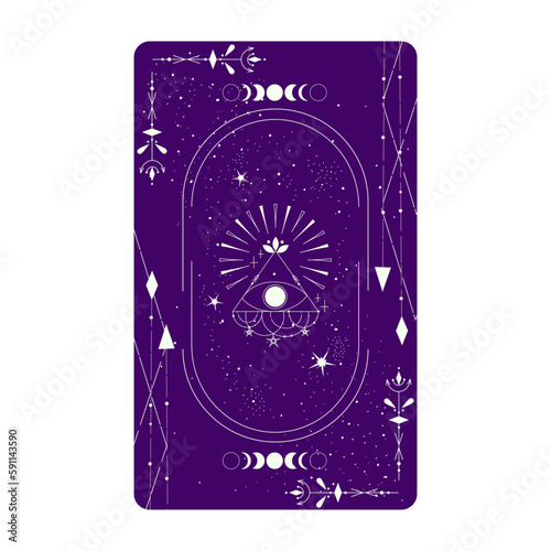 Tarot card with mystic eye pyramid and celestial border. Boho esoteric tarot card with eye and frame. Vector illustration. Sacred geometry celestial triangle