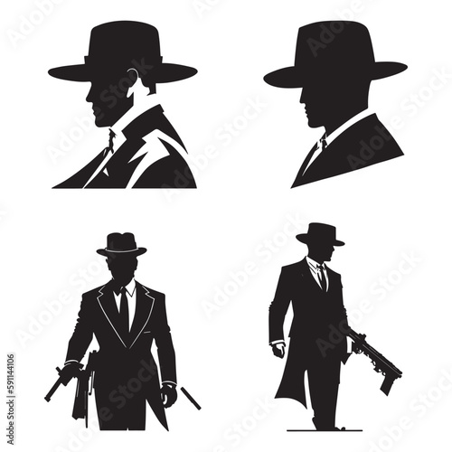 Mafia silhouette vector, Detective silhouette vector isolated on white background	