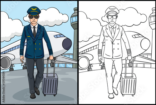 Aircraft Pilot Coloring Page Colored Illustration