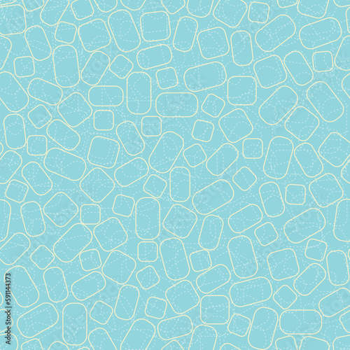 Continuous azure vector wallpaper with rectangular shapes. Geometric shapes with sewing appearance. Discret stitch seamless pattern.