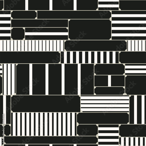 Monochrome, repetitive rectangles and lines. Abstract seamless pattern with rectangles.