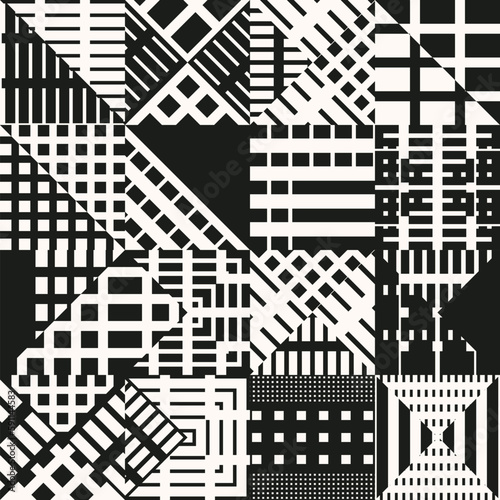 Abstract geometric shapes in squares repetitive pattern. Monochrome squares seamless pattern.