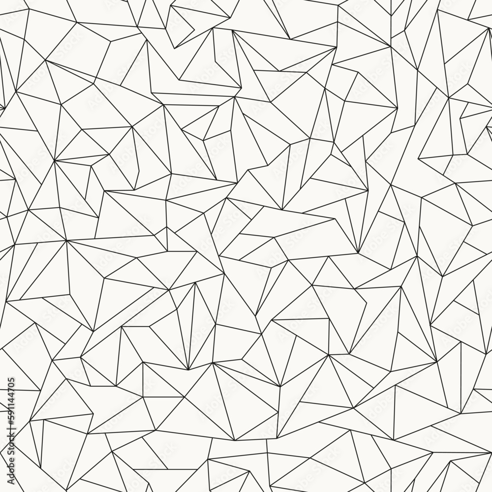 Poly monochrome repetitive structure. Futuristic abstract vector background. Asymmetric mosaic seamless pattern.